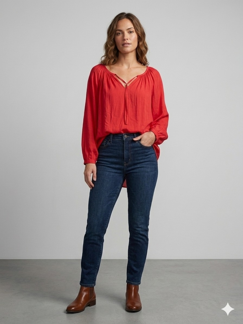Jennifer Lopez Red Long-Sleeve Peasant Blouse